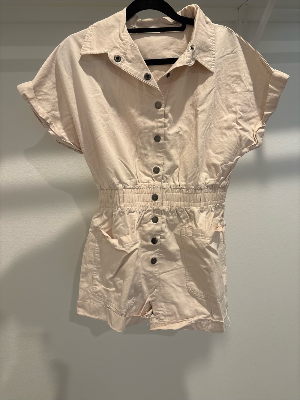 Short Sleeve Button-Front Cream Romper with Elastic Waist